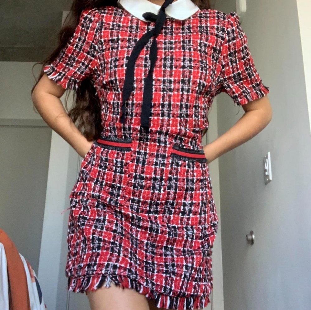 Kingston Grey Bow Neck Red Tweed Short Sleeve Sheath Dress with Fringe Hem - Picture 3 of 10